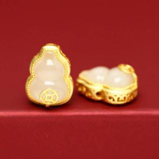925纯银镀金镶嵌天然和田玉葫芦包金配件diy手链手串隔珠串珠配饰
